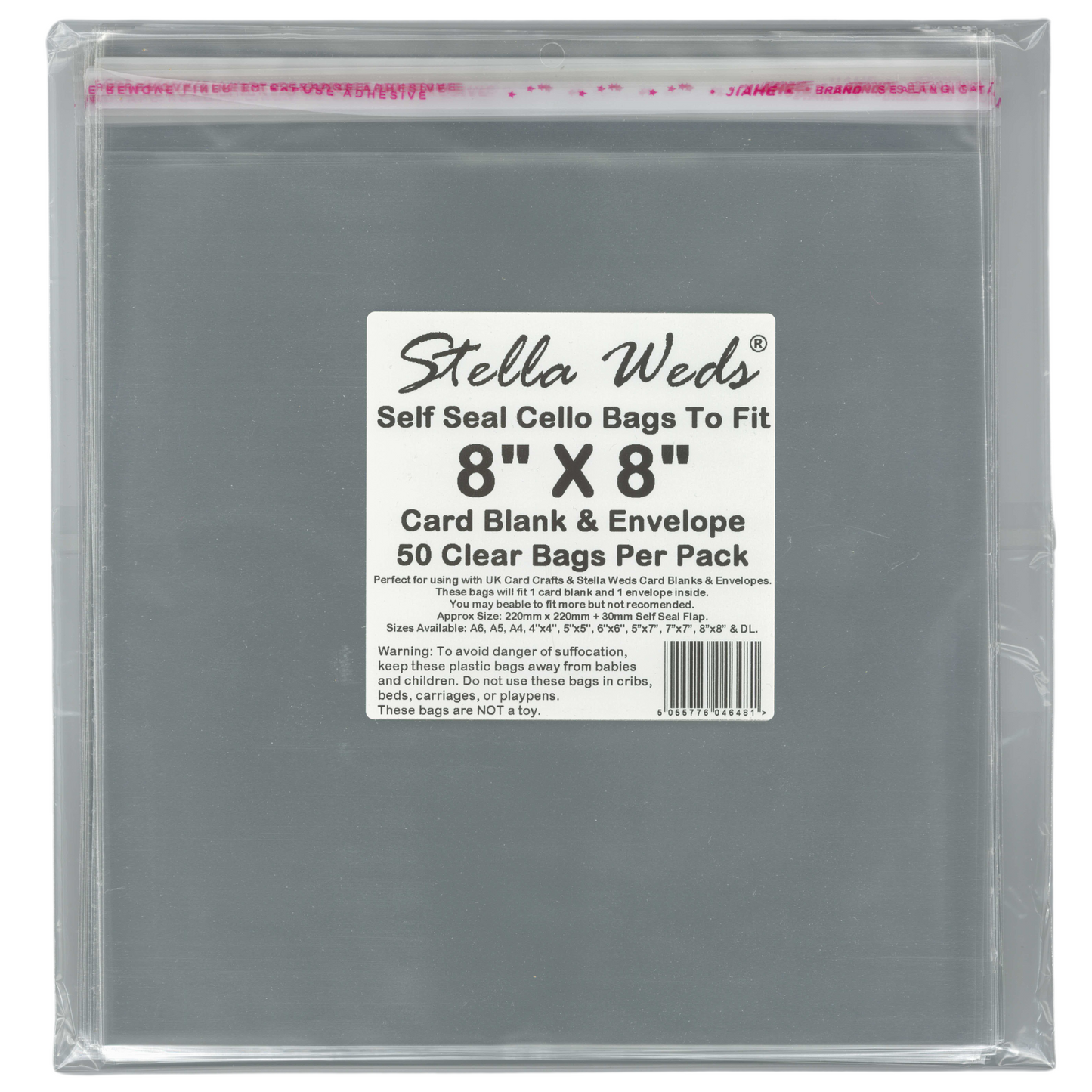 Pack of clear 8x8 cello bags with a label indicating size and quantity.