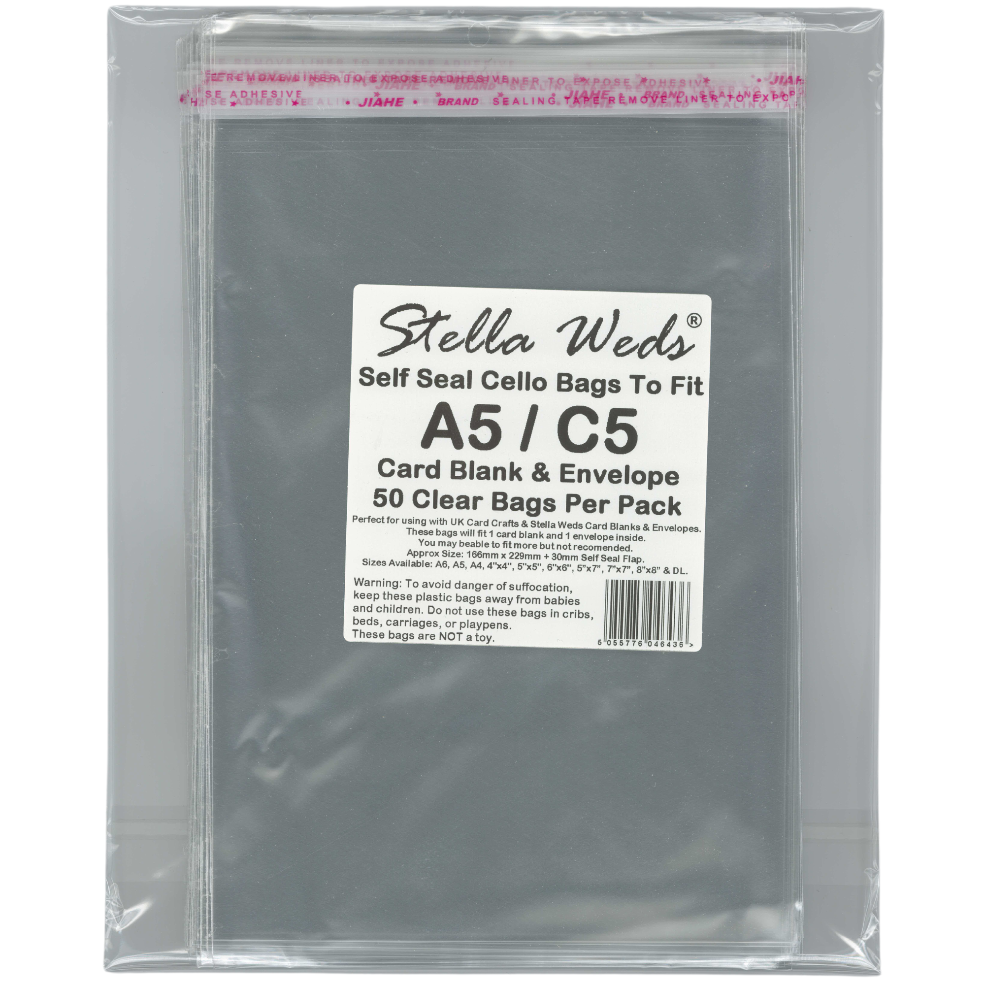 Pack of clear cello bags with a label indicating size A5/C5 and quantity per pack.