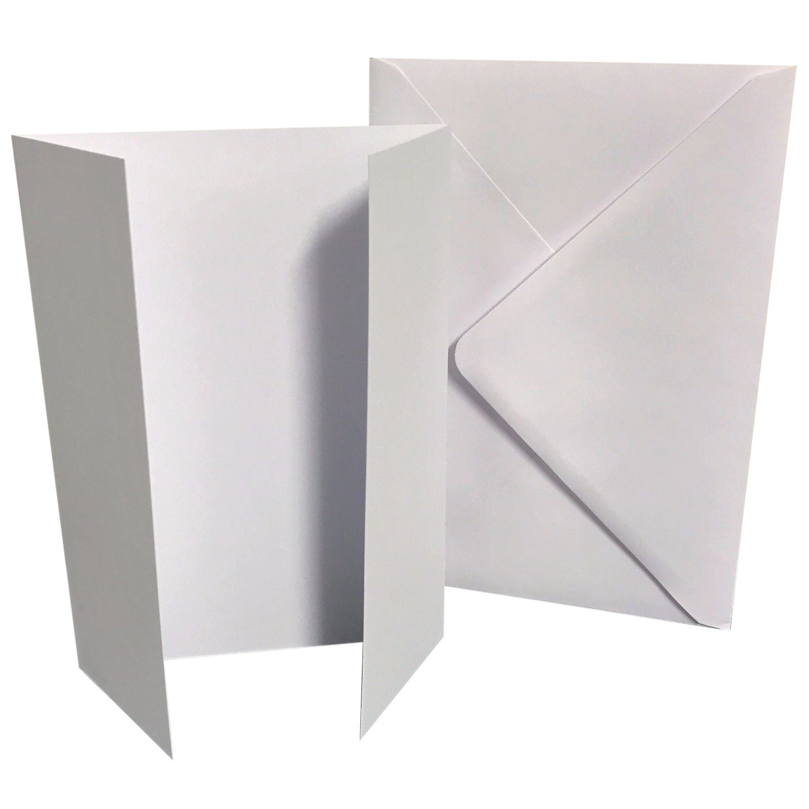 Gatefold card blanks with two side panels meeting at the centre, shown with matching envelopes, ready for handmade invitations and greeting cards.