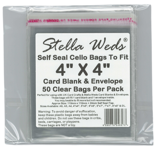Pack of Stella Weds self-seal cello bags for card blanks and envelopes, 4" x 4" size.