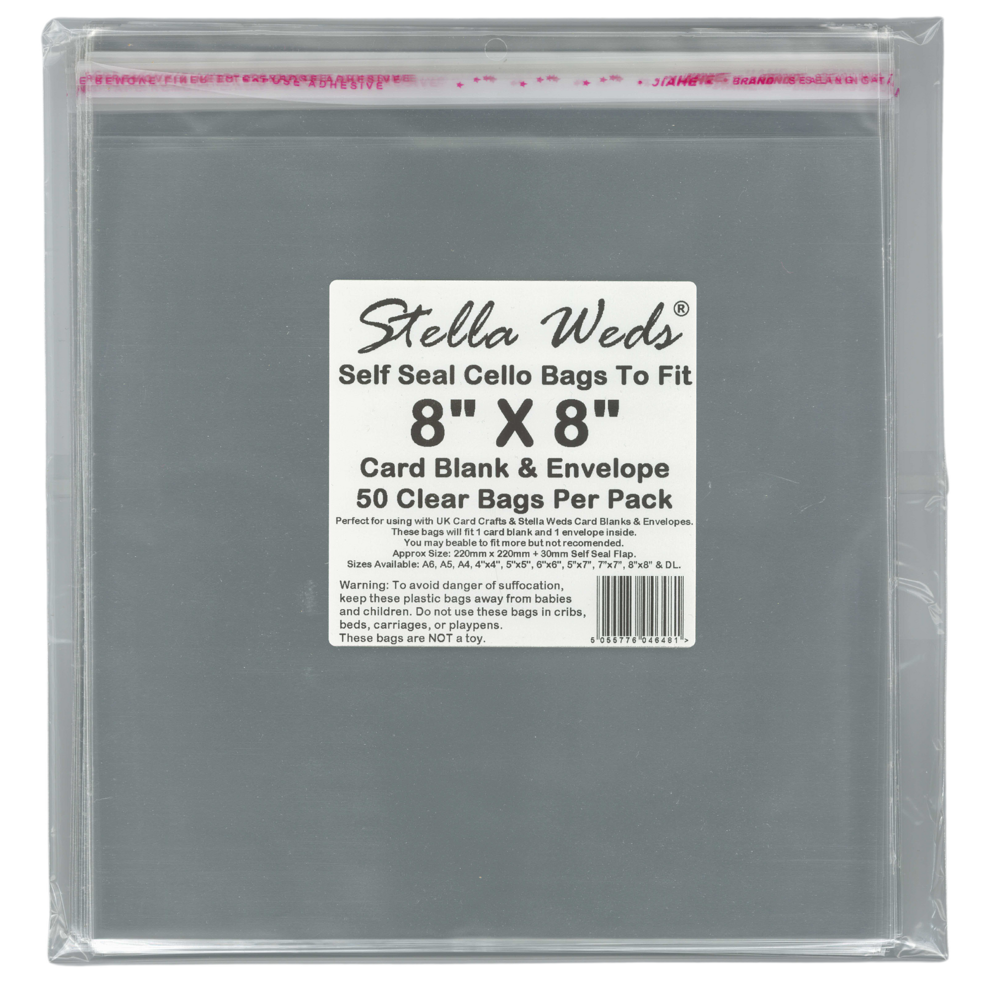 Pack of clear 8x8 cello bags with a label indicating size and quantity.