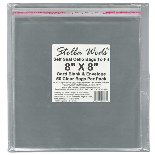 Pack of clear 8x8 cello bags with a label indicating size and quantity.