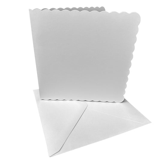 50 Pack - 6" x 6" Square White Scalloped Greeting Card Blanks & Envelopes - 300gsm