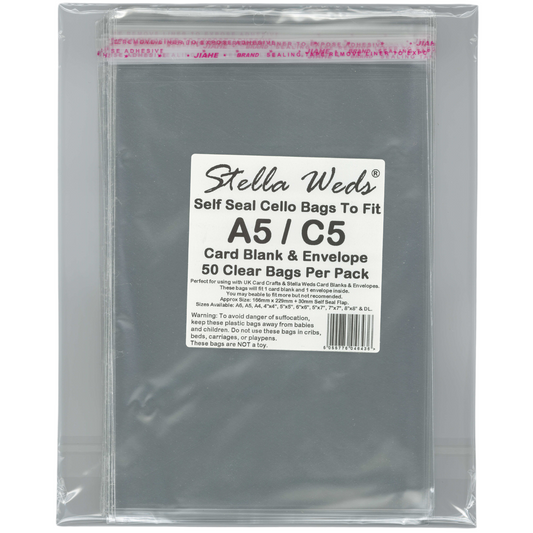 Pack of clear cello bags with a label indicating size A5/C5 and quantity per pack.