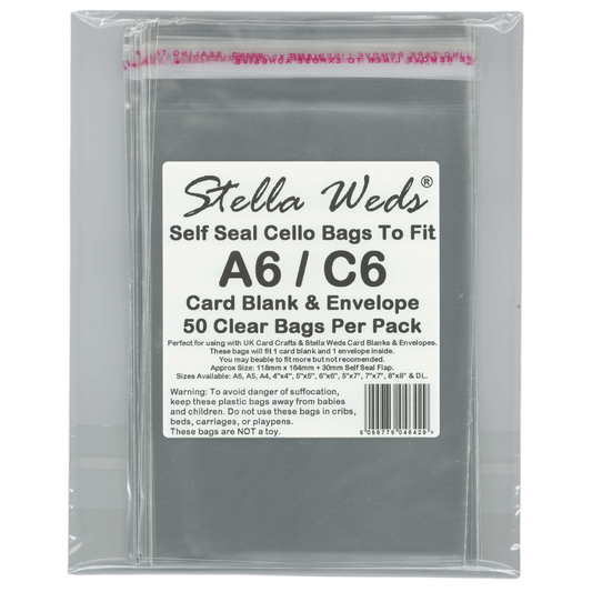 Pack of Stella Weds self-seal cello bags for A6/C6 card blanks and envelopes.